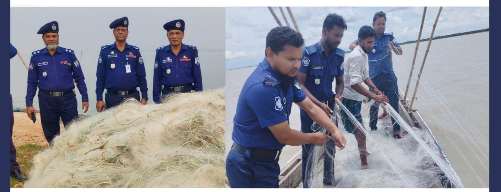 বরিশালে নৌ-পুলিশের অভিযানে অবৈধ জাল জব্দ, গ্রেফতার ৭