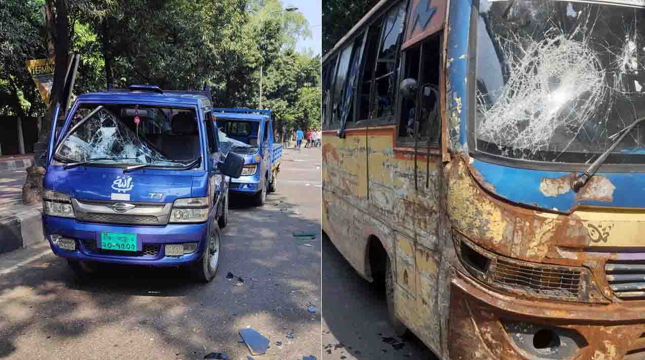 এসপির বাড়ির সামনে ২ গাড়ি ও কাকরাইলে বাস ভাঙচুর